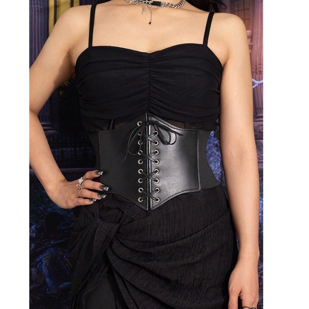 Black Corset Lace Up Wide Belt Leather Elastic - Picture 4 of 10